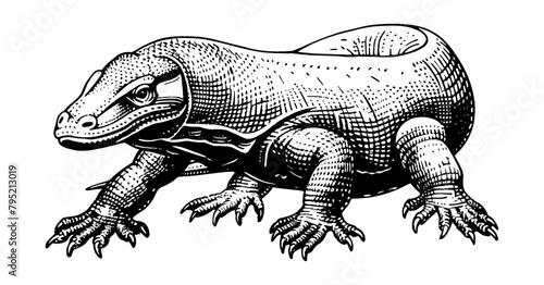 komodo dragon engraving black and white outline