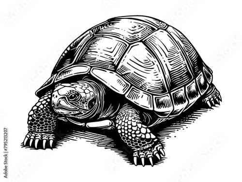 land turtle engraving black and white outline