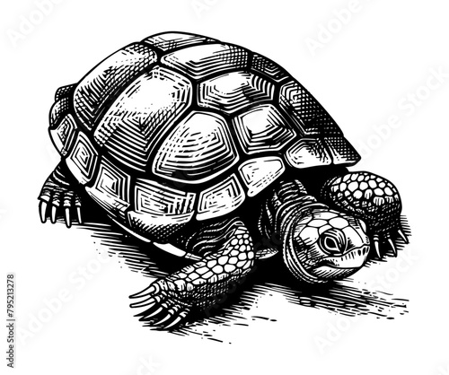 land turtle engraving black and white outline