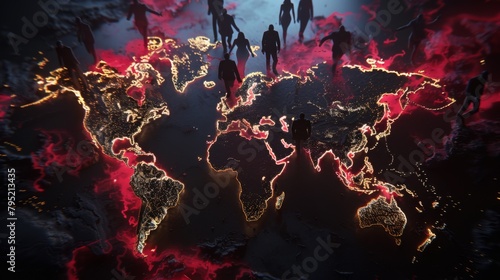 3D rendering of people walking on a glowing world map with red cracks. #795213435