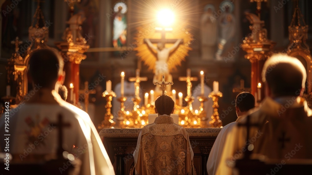 The Eucharist in large Christian churches is preceded by the sharing of bread in honor of Jesus Christ. Eucharist, Holy Mass.