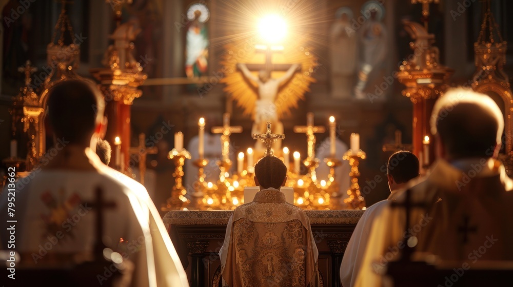 The Eucharist in large Christian churches is preceded by the sharing of bread in honor of Jesus Christ. Eucharist, Holy Mass. The Eucharist in large Christian churches is preceded by the sharing of bread in honor of Jesus Christ. Eucharist, Holy Mass.