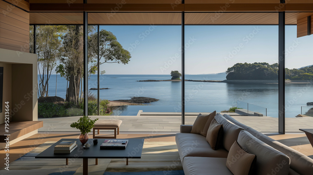 Fototapeta premium Living room design a lake front property, Home design beside of the lake,