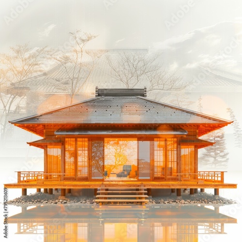 A beautiful 3D rendering of a traditional Japanese house with a garden and a pond.
