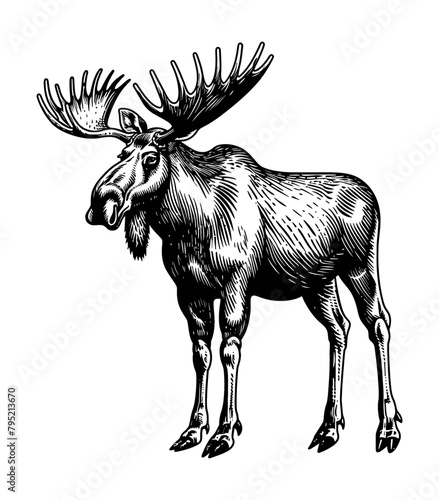 moose engraving black and white outline