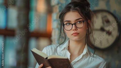 Portrait a brunette woman glasses holds a book in office. AI generated image