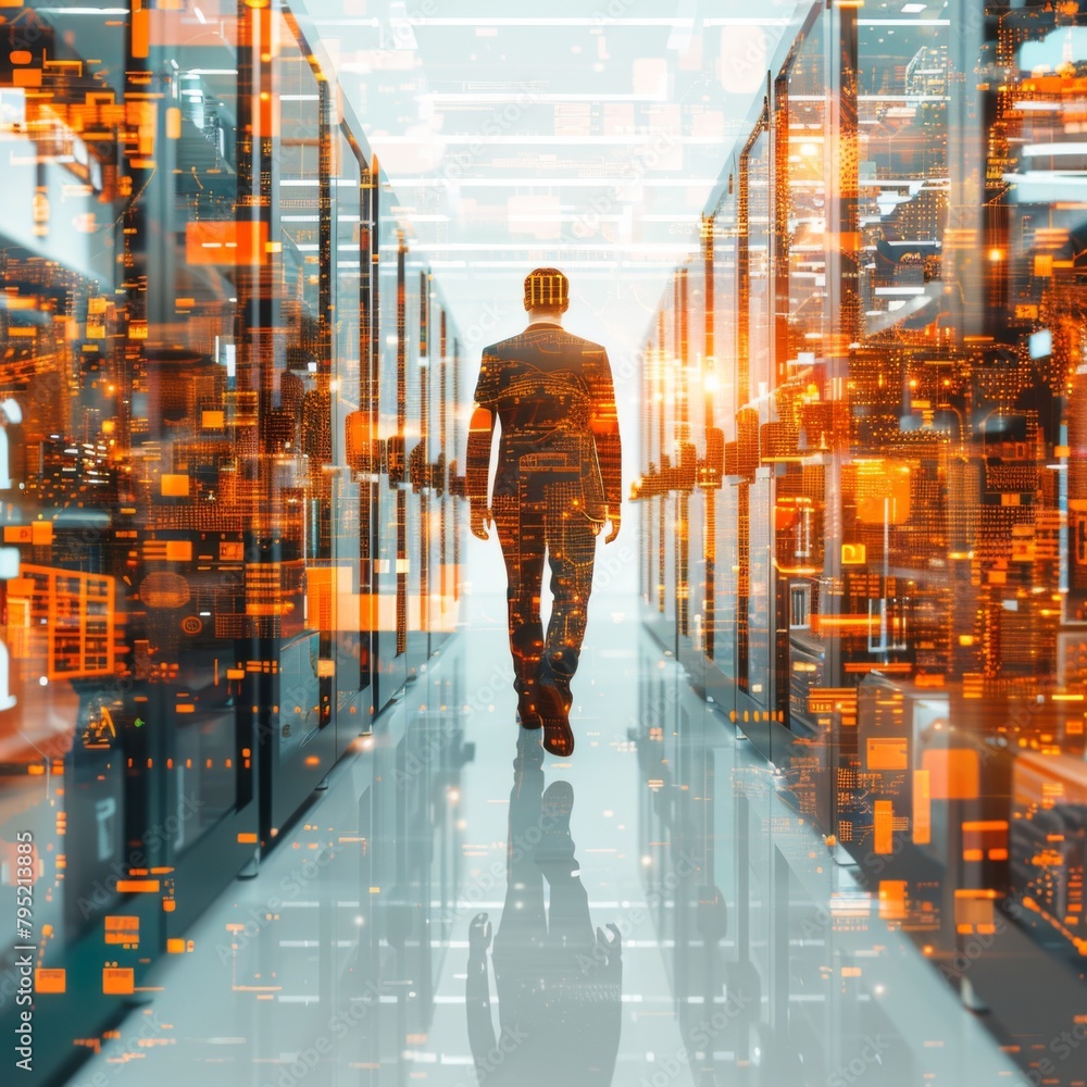 A businessman in a suit walking down a futuristic hallway. A businessman in a suit walking down a futuristic hallway.