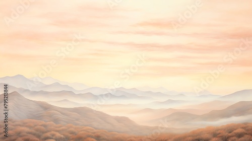 Rolling hills at dawn  soft pastels of the morning sky blending with earthy mountain tones  serene border  isolated on white background  watercolor