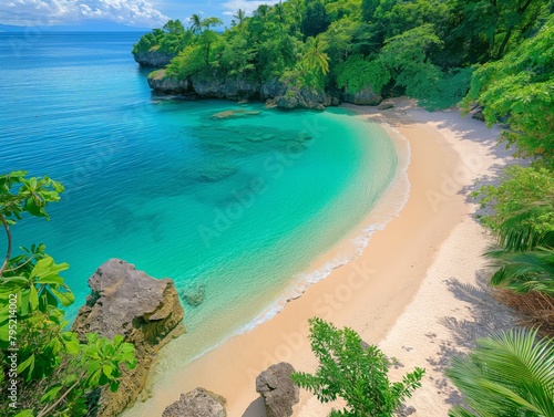 A beautiful beach with a clear blue ocean and a rocky shore. The beach is surrounded by trees and the water is calm