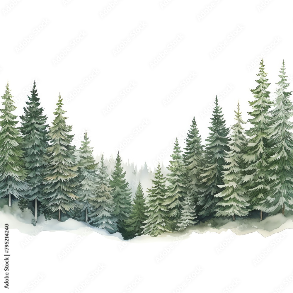 Snowflakes falling on mountain pines, a wintery mix of whites and dark greens, serene and detailed, forming a chilly border, isolated on white background, watercolor