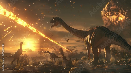 AI-generated majestic dinosaurs in a prehistoric landscape. Global Earth disaster. The concept of dinosaur extinction.