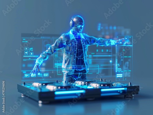 A glowing blue translucent man wearing headphones is mixing music on a turntable.
