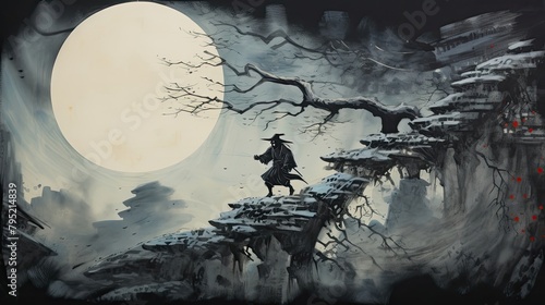 Japanese ninja stealthily moving through a moonlit landscape. Aesthetics, black silhouette against a background of moonlight, ninjutsu, straw hat, Japanese style. Generative by AI photo