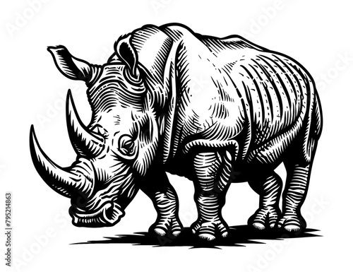 rhino engraving black and white outline