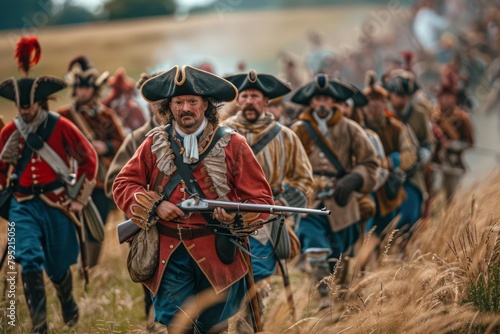 Historical reenactment of a lesser-known battle, participants in authentic period costumes photo