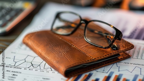 Closeup glasses on brown leather wallet above business graph report paper. AI generated image photo