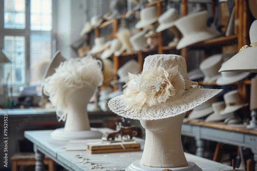 Milliner designing bespoke hats, fashion and craftsmanship, studio atmosphere