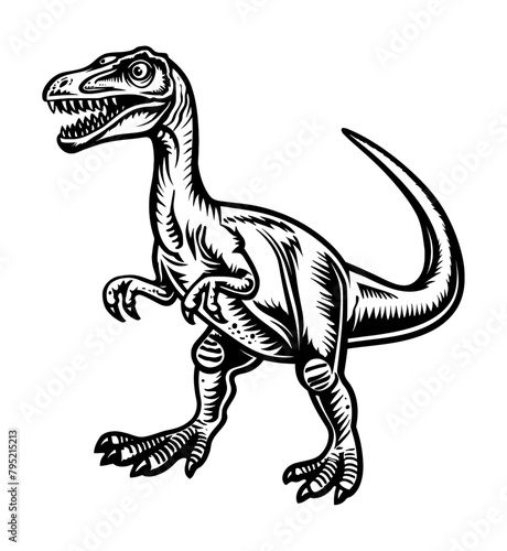 velociraptor engraving black and white outline © slowbuzzstudio