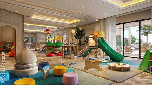Kids club in the hotel with play areas and entertainment for kids. Interior, tiles, toys, locks for children, entertainment, kindergarten. Advertising image concept for hotels. Generative by AI