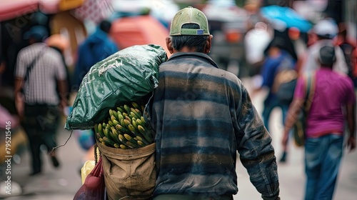 Low-wage workers face challenges of poverty despite working. Lonely poor man in a crowded city. Poverty, sadness, cityscape, man with a package, benefits. Generative by AI
