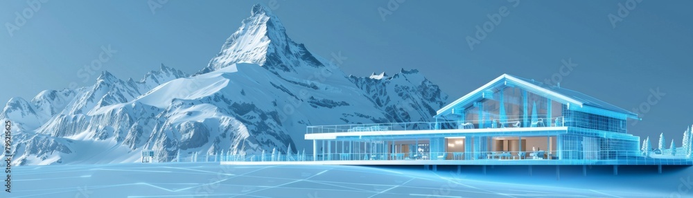 A house in the mountains made of glass and wood. A house in the mountains made of glass and wood.