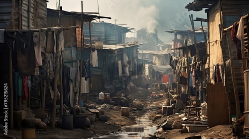 Makeshift housing in slums with overcrowded living quarters. South  poverty  devastation  garbage everywhere  not life  but survival. The concept of poverty in third world countries. Generative by AI
