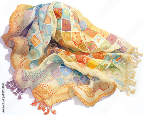 An expressive painting of a handknit baby blanket, heirloom quality, intricate patterns in soothing colors, vivid watercolor, white background, isolate