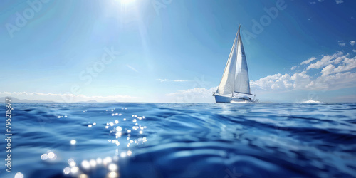 A sailboat on the open sea with a clear blue sky and sunlight in the background. white boat on blue sea