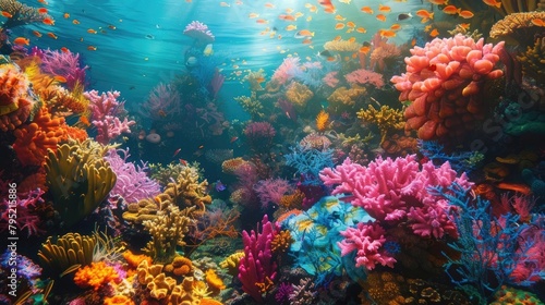 A vibrant coral reef bustling with life beneath the surface of the ocean, a kaleidoscope of colors in an underwater wonderland.