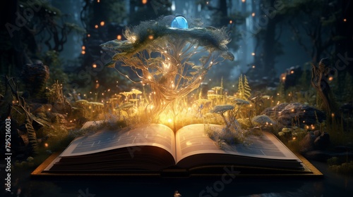 Illustration of a magical book that contains fantastic stories.
