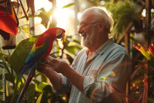Senior man with his face not visible feeding a scarlet macaw with a backdrop of lush greenery in soft lighting