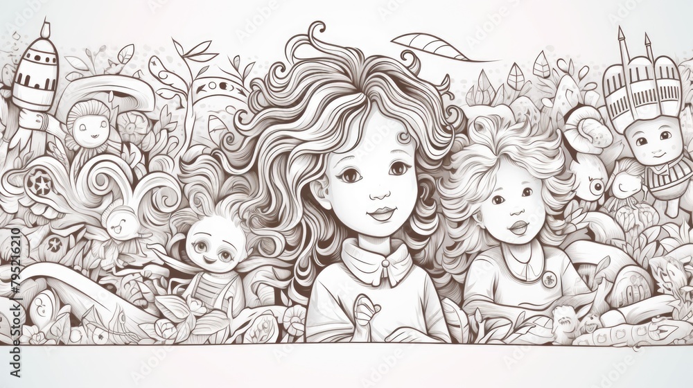 A whimsical monochrome illustration featuring playful children and fantasy elements A whimsical monochrome illustration featuring playful children and fantasy elements