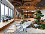 A photo of a beautiful zen garden with a rock garden, stone lantern, and bamboo plants.