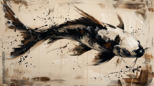 A painting of a koi fish with black, white, and brown colors. photo