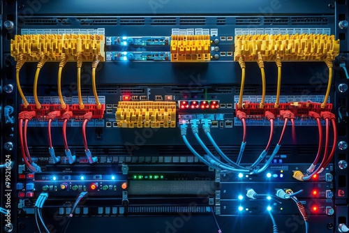 Fiber optic connectors and patch panels in a data center, network infrastructure photo