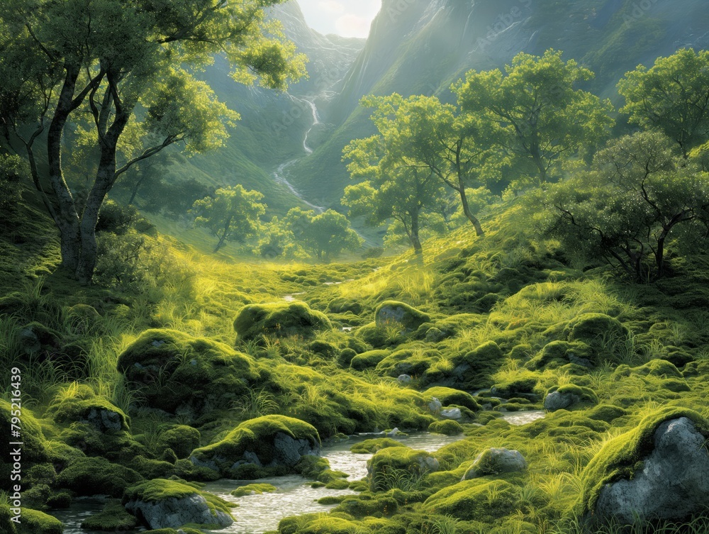 A lush green forest with a river running through it. The trees are tall and the grass is green and lush