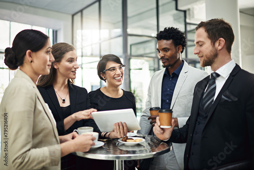 Business, team and communication with tablet in office for collaboration or partnership on company project for growth strategy. People, diversity and digital technology for online feedback of website