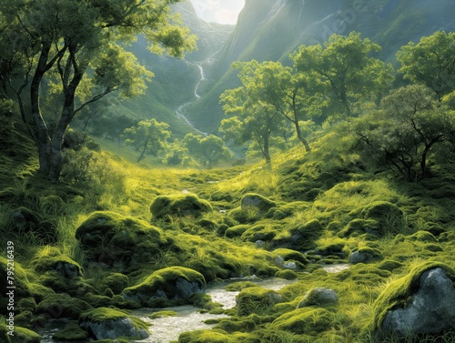 A lush green forest with a river running through it. The trees are tall and the grass is green and lush