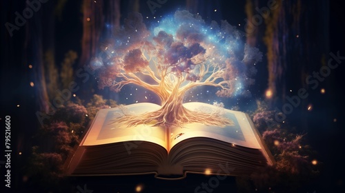 Illustration of a magical book that contains fantastic stories.