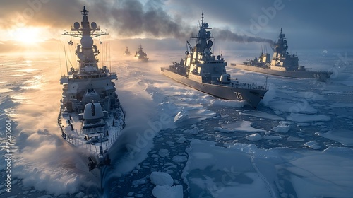 Formidable Naval Fleet Navigating Through Treacherous Arctic Waters During Intensive Maritime Exercise