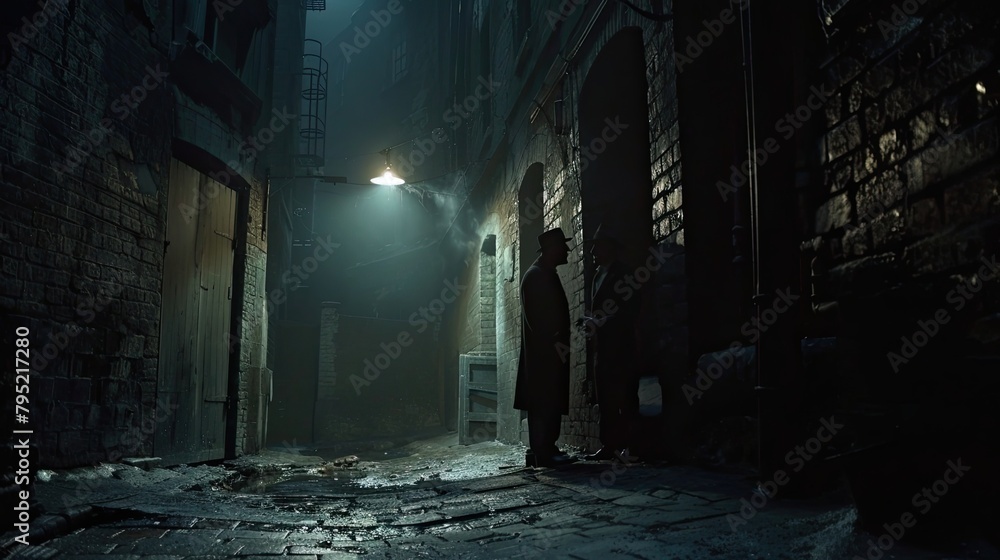 A secret meeting between two operatives in a dimly lit alley. Tracking down criminals, investigation, secret organization, special agent, rainy weather, detectives. Generative by AI