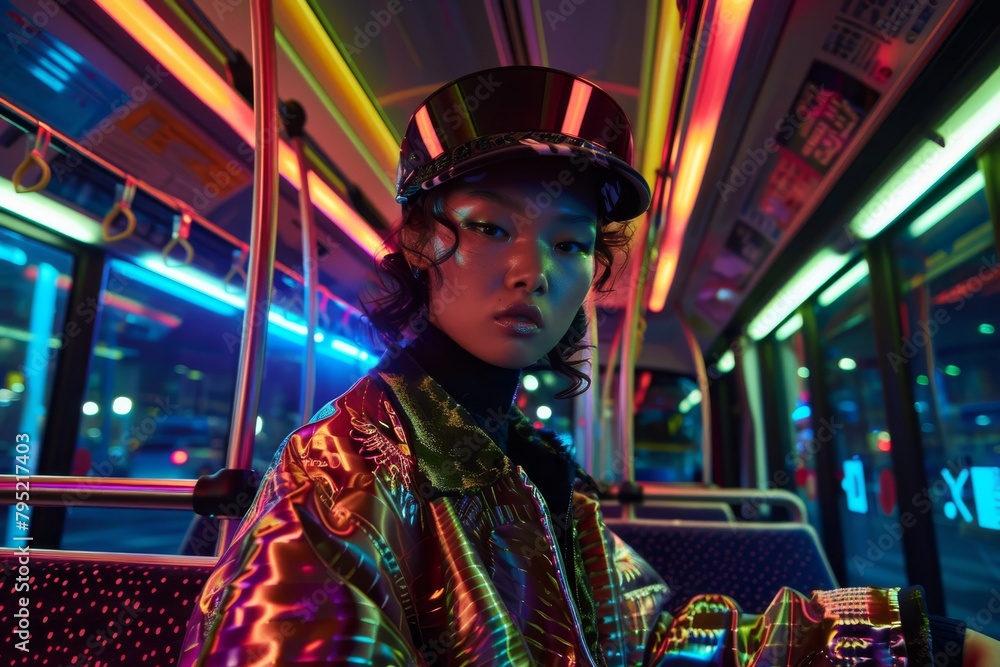 Vibrant image of a person in reflective clothing commuting on a bus, with a futuristic cyberpunk aesthetic Vibrant image of a person in reflective clothing commuting on a bus, with a futuristic cyberpunk aesthetic