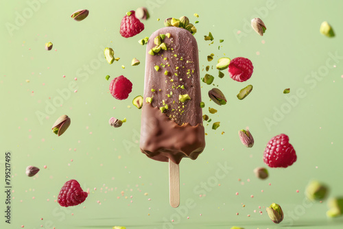 A sumptuous chocolate-coated ice cream popsicle, sprinkled with chopped pistachios and surrounded by fresh raspberries, in mid-air on a playful green background.
