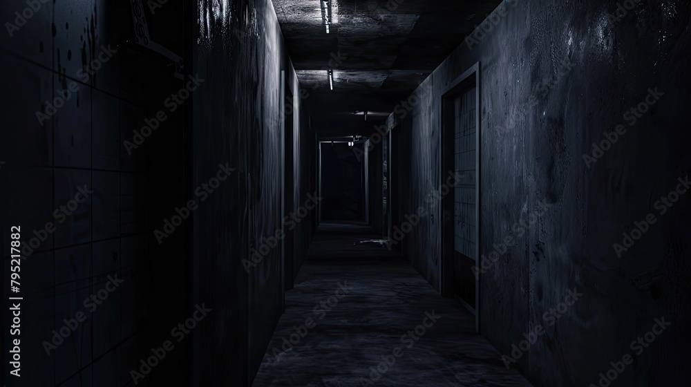 Stealth mission in a high-security facility under the cover. Special operation, long empty corridor, weapons, military, mercenaries. Modern warfare concept. Generative by AI