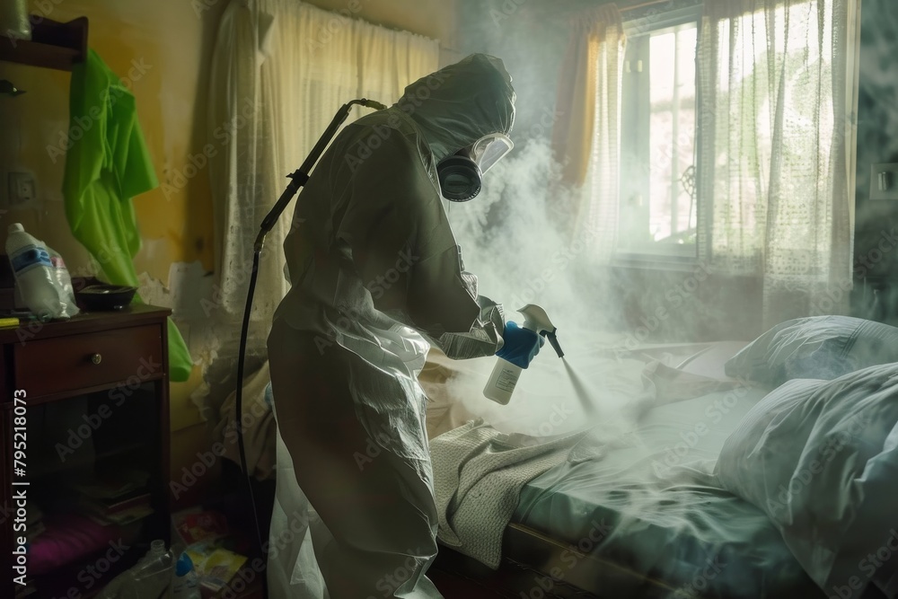 A person wearing a protective hazmat suit is spraying disinfectant in a room to clean and prevent the spread of viruses A person wearing a protective hazmat suit is spraying disinfectant in a room to clean and prevent the spread of viruses