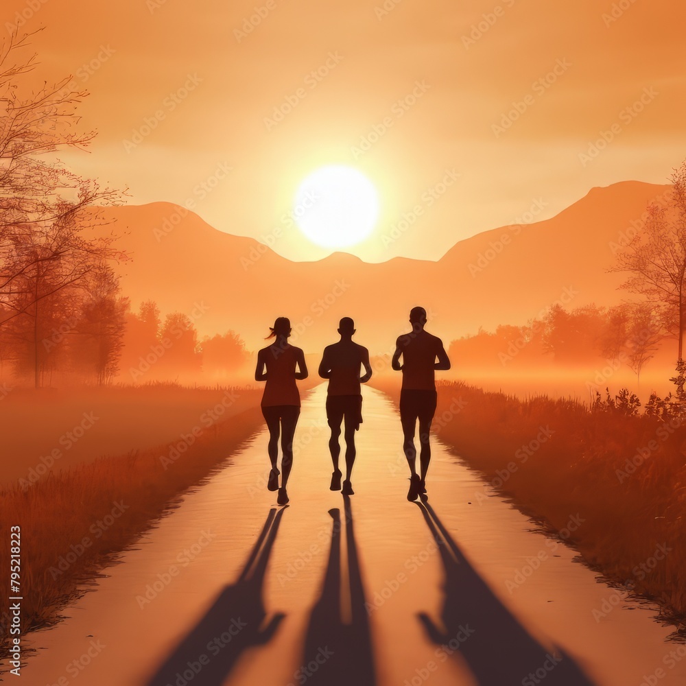 Fototapeta premium Series | Jogging & Running into the sunset / sunrise | Perfect for illustration of sports magazine, runner blog, etc.