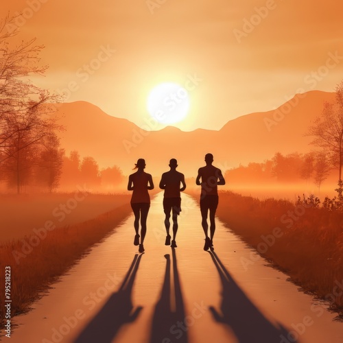 Series   Jogging   Running into the sunset   sunrise   Perfect for illustration of sports magazine  runner blog  etc.