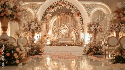 Wedding stage decoration background inside the building with elegant and beautiful flower decorations © asdir