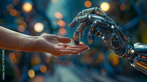 Human and Robot Hands Reaching Out in Futuristic Digital Connection photo
