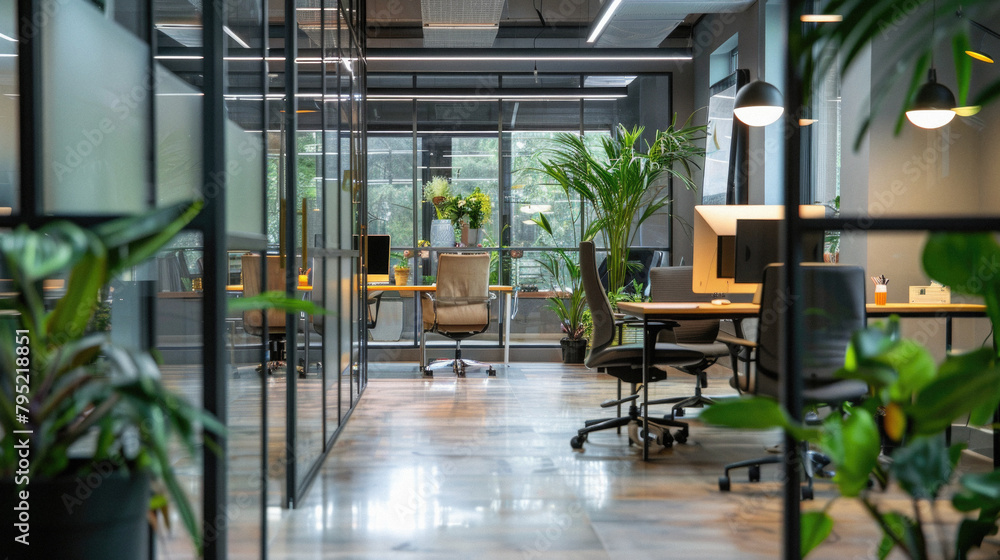 A large open office space with a lot of greenery and plants A large open office space with a lot of greenery and plants